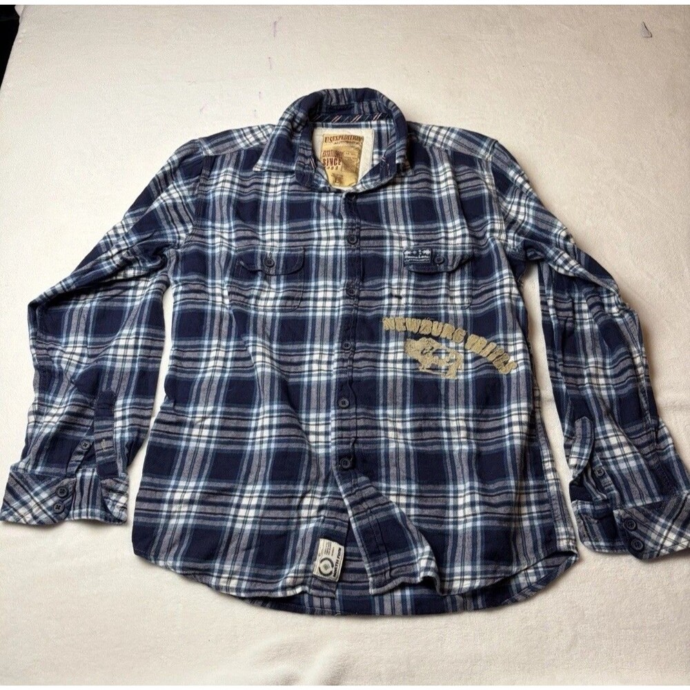 U.S. Expedition Hunting Lodge Blue Plaid Flannel Button-Down Shirt Men's L